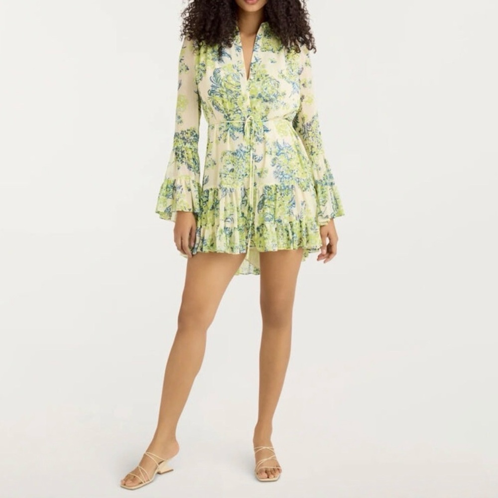 Cinq à Sept Floral Button up Tie waist Dress in Green/blue and Cream size 6